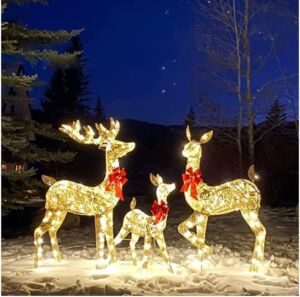 3pcs Lighted Christmas Deer Outdoor Yard Decorations Artificial Pre-lit Christmas Holiday Home Decor Christmas Reindeer Decorations with Led Lights for Front Yards Garden Lawn Patio