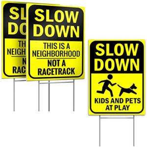 Bigtime Signs Slow Down Sign – This is a Neighborhood, Not a Racetrack – 4mm Double-Sided Outdoor Signage – Light, Weather-Proof Board with Yard Step Stake – Bright Yellow, Non-Reflective – 16″ x 12″