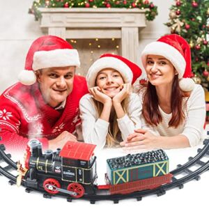 Cagogo Train Set with Steam – Children’s Christmas Retro Steam Train Track Puzzle Assembled Electric Sound and Light Spray Small Train Toy