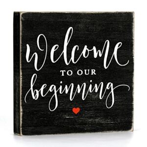 Funny Wedding Wooden Box Sign Plaque Welcome to Our Beginning Wood Box Sign Rustic Art Home Shelf Desk Decor 5 X 5 Inches