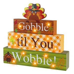 Thanksgiving Wooden Block Sign with Led Lights- Gobble til You Wobble Turkey Light up Wood Sign for Table Mantle- Thanksgiving Farmhouse Home Battery Operated Wooden Sign Tabletop Tiered Tray Decor