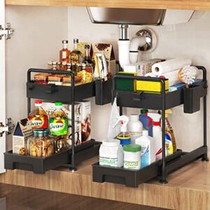 SOYO Pull Out Under Sink Organizers and Storage 2 Pack, 2 Tier Sliding Cabinet Basket Drawer for Bathroom Kitchen Home Organization, Undersink Shelf with Hooks, Handles, Hanging Cups, Black