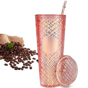 Jeweled Tumbler with Lid and Straw,24oz Studded Double Wall Tumbler with Straw,100% BPA FREE,Double Wall Insulated Reusable Studded Coffee Tumbler for Drinks,Perfect Birthday Gifts for Women (Gold)