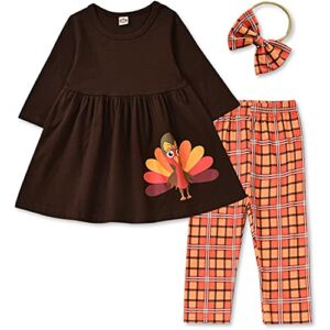 Toddler Girls Thanksgiving Outfits, Little Girl Turkey Ruffle Tunic Top Pants Clothes Set (Orange, 2-3T)