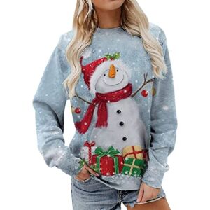 Merry Christmas Sweatshirts for Women Funny Snowman Graphic Print Crewneck Pullover Casual Loose Long Sleeve Tops Light Blue