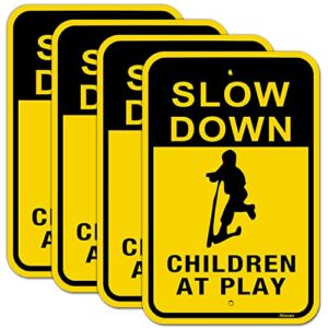 Slow Down Children at Play Signs Kids Playing Sign Reflective Metal Children Playing Safety Sign 12″ x 18″ Slow Down Neighborhood Street Caution Yard Sign Rust Free Aluminum Outdoor Use 4 Pack