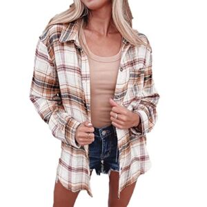 TUNUSKAT Womens Spring Fall Plaid Shirt 2022 Fashion Casual Button Long Sleeve Blouse Plus Size Collared Long Tops Cardigan