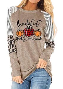 Thankful Greatful Blessed Pumpkin Baseball T-Shirt for Women Thanksgiving Leopard Stripe Splicing Sleeve Shirt (Brown, XX-Large)