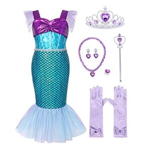 AmzBarley Mermaid Costume for Girls Halloween Cosplay Holiday Theme Party Fancy Dress Up Birthday Outfit Fish Scale Dress with Accessories Blue Size 8-9Years