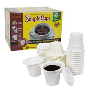 SIMPLECUPS Disposable Cups for Use in Keurig Brewers – 50Cups, Lids, and Filters – Use Your Own Coffee – Reuse or Dispose of your K Cups