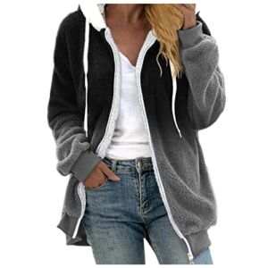 Women’s Fluffy Fleece Coat Long Sleeve Full Zip Sherpa Jacket with Hood Warm Casual Cardigan Sweater Coats Outerwear