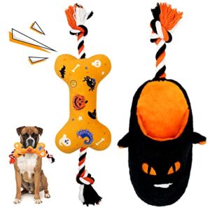 Lepawit Halloween Dog Rope Toys Slipper Plush Dog Toys with Squeaker and Crinkle Bone Squeaky Dog Toys Cotton Rope Tug-of-War Interactive Dog Toys for Medium Large Dogs