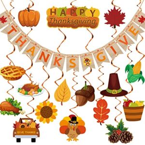 Thanksgiving Party Decorations,Pre-Assembled Thanksgiving Banner Set Including 6 Playmates 1 Banner Garland 21 Hanging Swirls for Home Office Classroom Fall Decor Thanksgiving Decoration