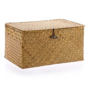 Hipiwe Wicker Shelf Baskets Bin with Lid, Handwoven Seagrass Basket Storage Bins Rectangular Household Basket Boxes for Shelf Wardrobe Home Organizer, Caramel Large