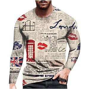 lcepcy Print Tshirts Shirts for Men Long Sleeve T-Shirt Hip Hop Graphic Slim-fit Crew Neck Fall Pullover Tie Dye Tee Shirts Beige