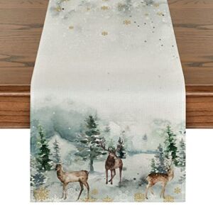 Artoid Mode Watercolor Deer Trees Snowflakes Christmas Table Runner, Seasonal Winter Xmas Holiday Kitchen Dining Table Decoration for Indoor Outdoor Home Party Decor 13 x 36 Inch
