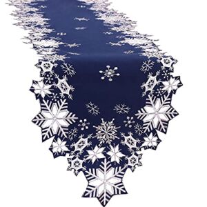 Simhomsen Embroidered Snowflakes Table Runners for Christmas Holiday and Winter (Navy, 14×69 inches)