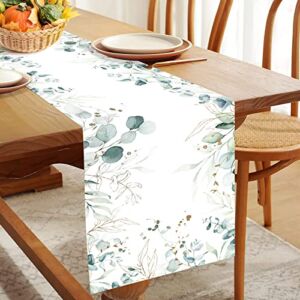 SVBright Eucalyptus Leaves Table Runner 13Wx70L Inch Summer Green Nature Plant Botanical for Kitchen Dining Table Decoration Gold Sage Watercolor Leaf Dining Room Party Decor for Indoor Outdoor Home