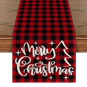 Artoid Mode Red and Black Buffalo Plaid Merry Christmas Table Runner, Seasonal Winter Xmas Holiday Kitchen Dining Table Decoration for Indoor Outdoor Home Party Decor 13 x 108 Inch