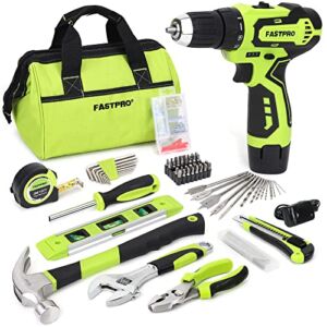 FASTPRO 175-Piece 12V Cordless Drill Set, Drill Driver and Home Tool Kit, House Repairing Tool with 12-Inch Storage Tool Bag, For DIY, Home Maintenance, Green