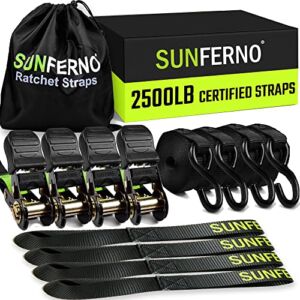 Sunferno Ratchet Straps Tie Down 2500Lbs Break Strength, 15 Foot – Heavy Duty Straps to Safely Move your Motorcycle and Cargo on Car, Truck, Trailer – Soft Loop Straps – Rachette Straps Black (4 pack)