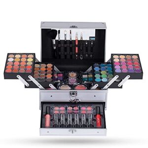 Hot Sugar Girls Makeup Set for Teenagers Beginners Adults Professionals with Reusable Trendy Silver Cosmetic Box Includes Everything for A Full Face Makeup Eyeshadow Lip Gloss Blush Brush Lipstick