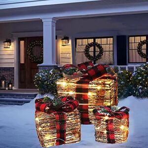 Christmas Lighted Rattan Gift Boxes Decorations, Pre-lit 60 LED Light Up Christmas Indoor and Outdoor Holiday Party Christmas Home Yard Art, Set of 3 (Max. Size 8X 6 x5Inch)