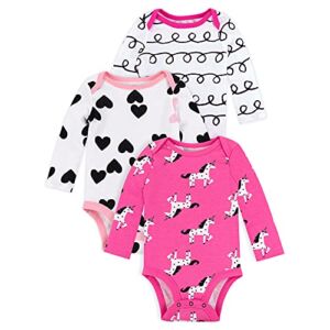 LAMAZE Baby Girls’ Super Combed Natural Cotton Long Sleeve Bodysuit, Snap Closure, 3 Pack, Horses and Hearts, 3 Months