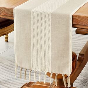 Wracra Linen Table Runner, Farmhouse Macrame Table Runners 90 Inches Long for Dining Table Decor, Wedding, Party and Dresser Decor (Light Coffee,90″)