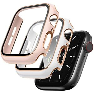 Lovrug 2 Pack Cases Compatible with Apple Watch Case 40mm SE/Series 6/5/4 Built in Tempered Glass Screen Protector Ultra-Thin Bumper Full Coverage iWatch Protective Cover for Women Men (Pink/White)