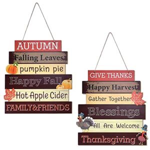 Likeny 2PC Fall Decorations-Thanksgiving Hanging Welcome Signs, 14″ Thanksgiving Themed Wooden Door Signs Plaque for Fall Autumn Harvest Day Home Office Front Porch Decor