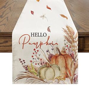 Artoid Mode Hello Pumpkin Flowers Leaves Thanksgiving Table Runner, Seasonal Fall Harvest Vintage Kitchen Dining Table Decoration for Indoor Outdoor Home Party Decor 13 x 48 Inch