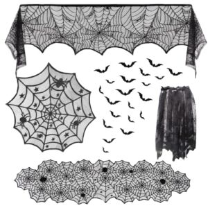 5 Pack Halloween Spider Decorations Sets,Halloween Table Runner,Cobweb Fireplace Mantel Scarf,Round Lace Spider Table Topper and Lampshade,16pcs 3D Bats for Halloween Table Decors Party Supplies