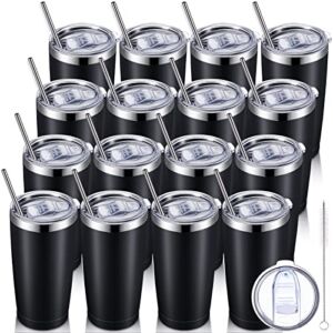 16 Pack Insulated Travel Tumblers 20 Oz Stainless Steel Tumbler Cup with Lid and Straw Powder Coated Coffee Mug for Cold and Hot Drinks (Black)