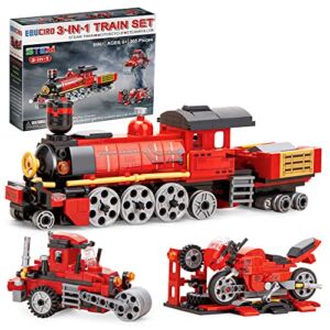 Educiro Train Sets for Boys Age 6-10, 3 in 1 City Building Kit Motorcycle Tractor Creative Educational Birthday Gift, Stem Projects Toys for Kids 6 7 8 9 10 Year Old, 305 Pieces