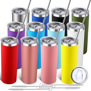 12 Packs Stainless Steel Skinny Tumblers with Lids and Straws, 20 Oz Double Wall Vacuum Insulated Tumbler Cup Reusable Slim Travel Mug with Cleaning Brush for Coffee Cold Hot Drinks (Multicolored)