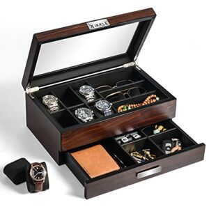 Watch Box Organizer for Men, Luxury Wood Watch Jewelry Box with Valet Drawer, Watch Display Organizer with Real Glass Top, Multipurpose Jewelry Organizer for Sunglasses, Rings, Bracelet, and More