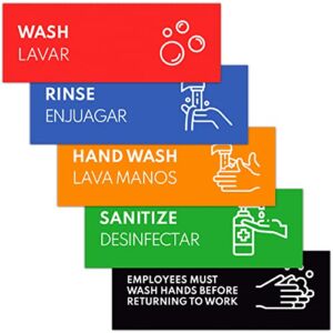 Wash Rinse Sanitize Sink Labels ( 2×7 inch ) – 6 x Rinse Wash Sanitize, 2 x Hand wash only sign, 4 x Employees Must Wash Hands Sign – 3 bay sink signs for Restaurant, Food Truck, Commercial Kitchen