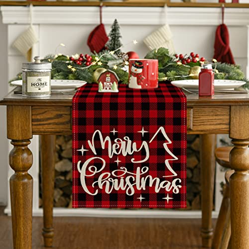 Artoid Mode Red and Black Buffalo Plaid Merry Christmas Table Runner, Seasonal Winter Xmas Holiday Kitchen Dining Table Decoration for Indoor Outdoor Home Party Decor 13 x 108 Inch | The Storepaperoomates Retail Market - Fast Affordable Shopping