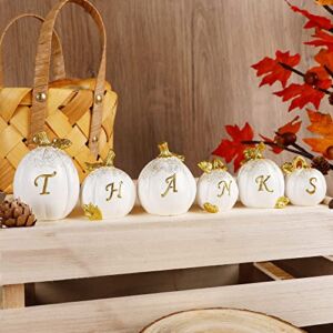 winemana Thanksgiving Pumpkins Set of 6, Fall Decor Resin Pumpkin, Thanks Tabletop Centerpieces Tiered Tray Decorations for Home Table Kitchen Office (White)