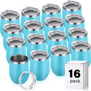 16 Pack Stainless Steel Wine Tumblers 12 oz Vacuum Stemless Wine Cup Set Stainless Steel Stemless Wine Mug Glasses for Wine Coffee Cocktails Soda Whiskey Outdoor Travel (Light Blue)