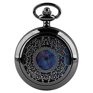 Exquise Starry Blue Hollow Case Quartz Pocket Watch Roman Numerals Retro Watches Souvenir Gift for Men Women