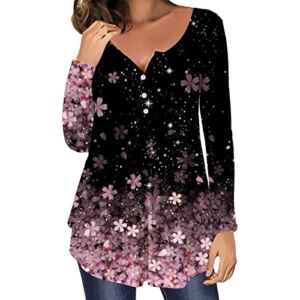 Womens Tops Dressy Casual Hide Stomach Shirts Fall 2022 Floral Print Long Sleeve Henley Blouses to Wear with Leggings