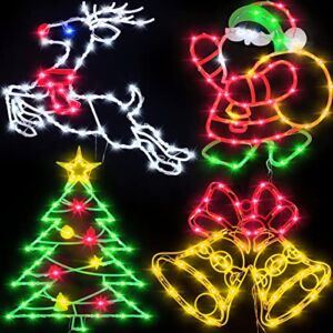 Christmas Window Silhouette Lights Decorations – 16in Pack of 4 Sign Lighted Colour Santa Reindeer Christmas Tree Bell for Holiday Indoor Wall Door Glass Decor