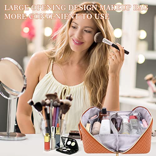Large Capacity Travel Cosmetic Bag – Makeup Bag, Portable Leather Waterproof Women Travel Makeup Bag Organizer, with Handle and Divider Flat Lay Checkered Peachloft Cosmetic Bags (Brown) | The Storepaperoomates Retail Market - Fast Affordable Shopping