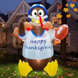 TURNMEON 6 Foot High Thanksgiving Inflatable American Football Turkey Decorations with LED Lights 4 Stakes 2 Tethers 1 Water Bag Blow Up Fall Thanksgiving Decorations Outdoor Yard Garden Lawn Indoor