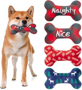 Dog Christmas Toys, Dog Squeaky Toys for Aggressive Chewers, Squeaky Toys for Dogs, Cute Bone Shape Stuffed Plush Toys for Large Medium Small Dogs, Interactive Durable Dog Chew Toys, Nice & Naughty