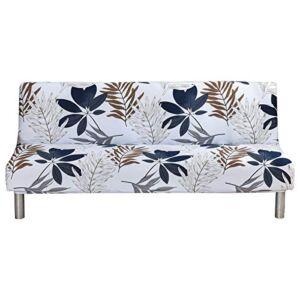 Armless Sofa Cover Futon Slipcover Stretch Elastic Polyester Folding Sofa Bed Non-Armrest Couch Furniture Protector Spandex Printed Washable Sofa Cover Without Armrests (Grey Blue Leaf)
