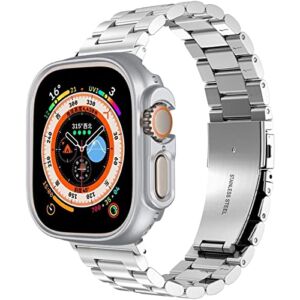 Beiziye Band Case Compatible for Apple Watch Ultra Band 49mm with Case, Premium Stainless Steel Metal Apple Watch Ultra 49mm Band and PC Case Replacement Adjustable Strap for Women Men (Silver)