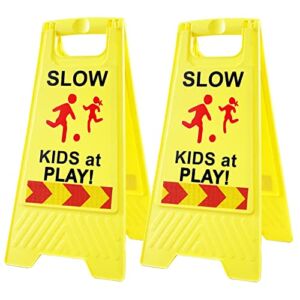 Slow Kids at Play Signs for Street, Double-Sided Text and Graphics with Reflective Tape, Children at Play Safety Sign for Neighborhoods Schools Park Sidewalk Driveway (2-Pack Yellow)